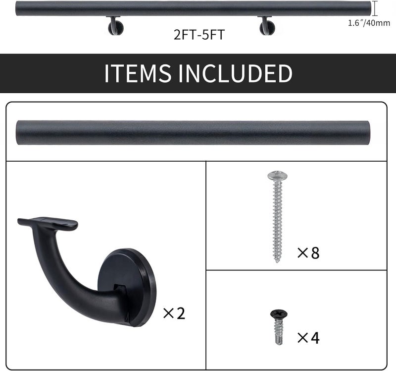 Picesa 2 FT Modern Aluminum Handrail Set, handrails for Indoor Stairs,Deck,Slope, Wall Mounted Staircase handrails, Zink Alloy Brackets Included,Rust Free. (Matte Black, 2 FT) - Image 4